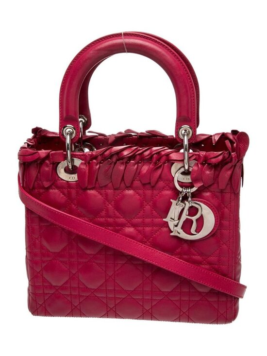 Dior Handbags - Christian Dior Cannage Ruffle Medium Lady Dior Red Leather Bag